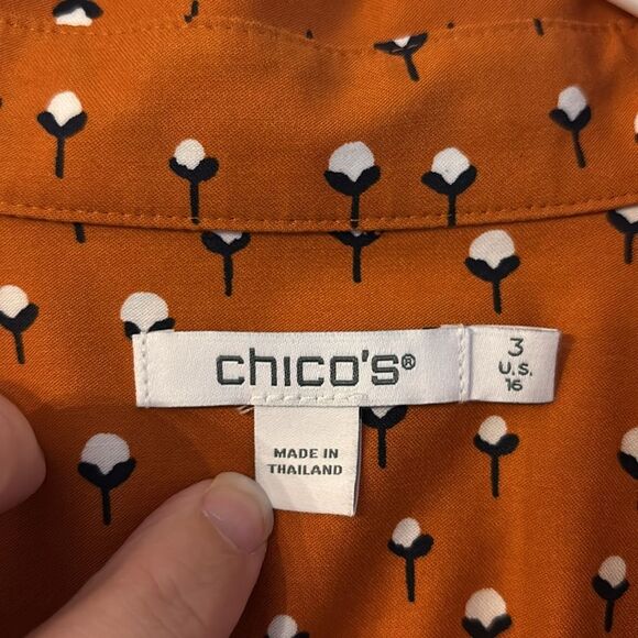 Chico's Tops Orange Burnt Cotton Flower Button Down Shirt women blouse size 16! - Picture 8 of 11